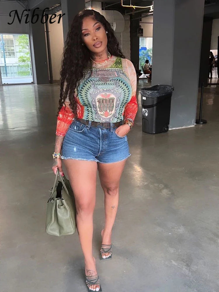 Nibber Autumn Art Print T-shirt Women's Wear Long-sleeved O-Neck Short Section Navel Slim Fit Top Female Street Comfort Clothing 4