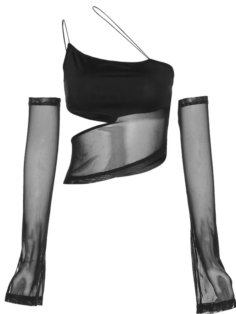 Asymmetrical Cut Out Mesh Crop Top with Sleeves Fairy Grunge  Clothes Transparent Camisole Tank Tops 6