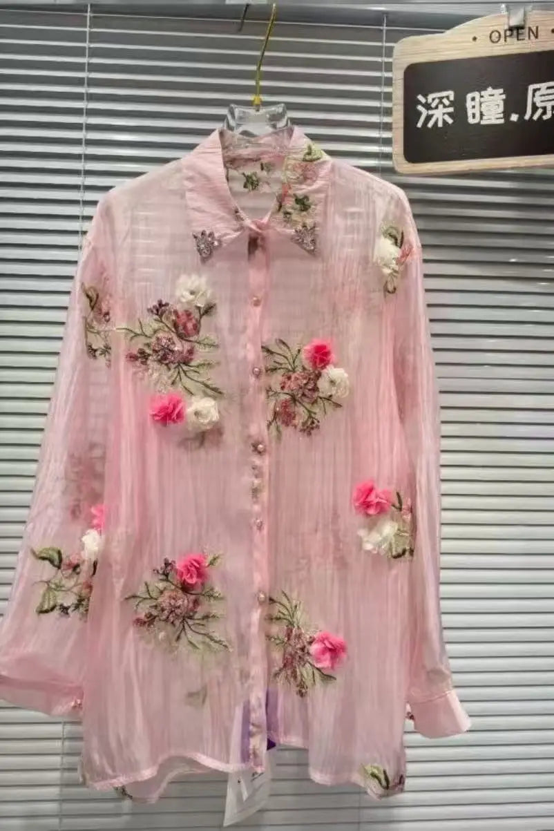 New In 2025 Summer Diamonds Flowers Embroidery Shirts Blouses For Women Long Sleeve Thin Sunscreen  Loose Casual Top Cardigan 5