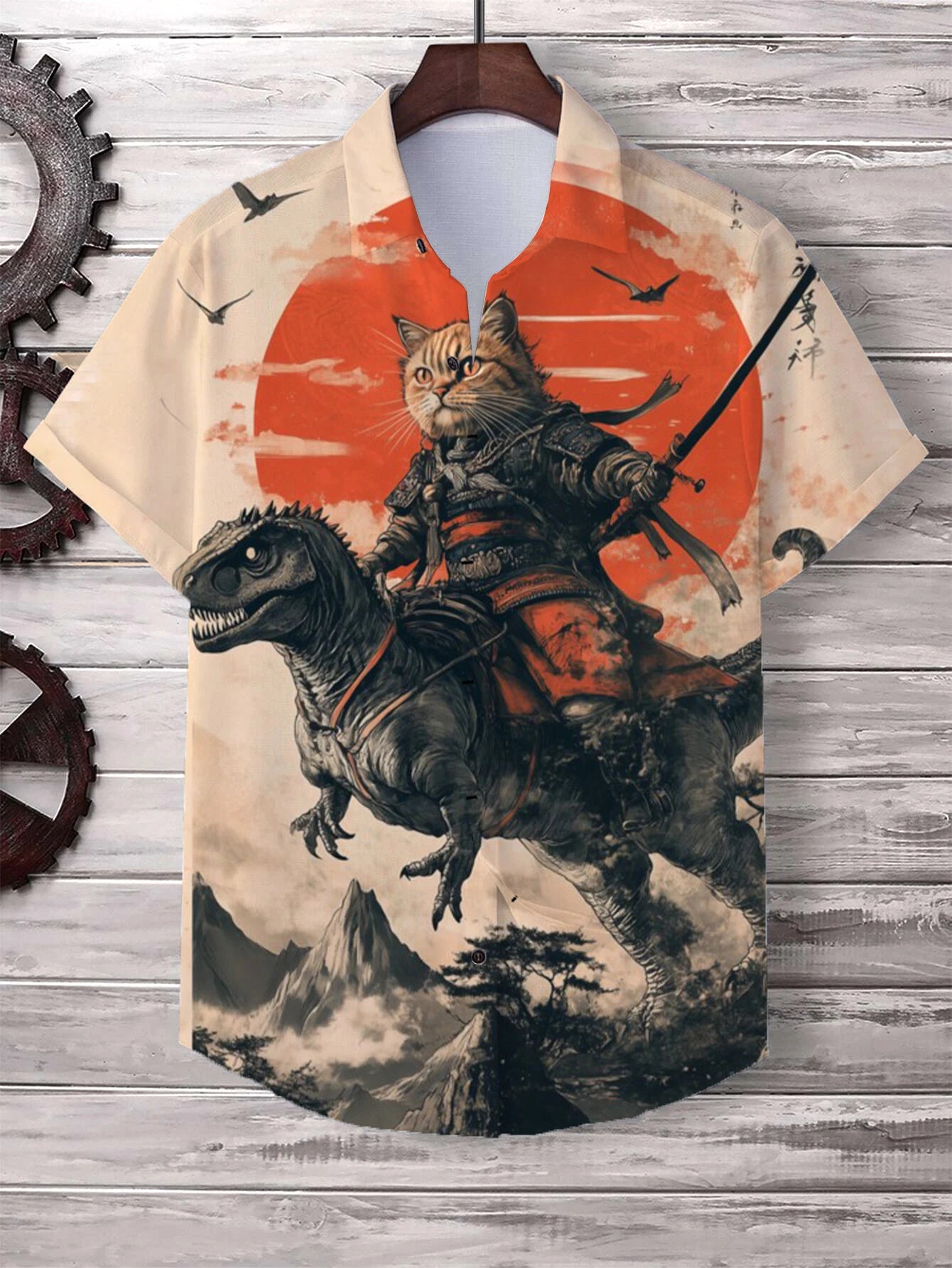 Men's Playful Cat Graphic Button-Down