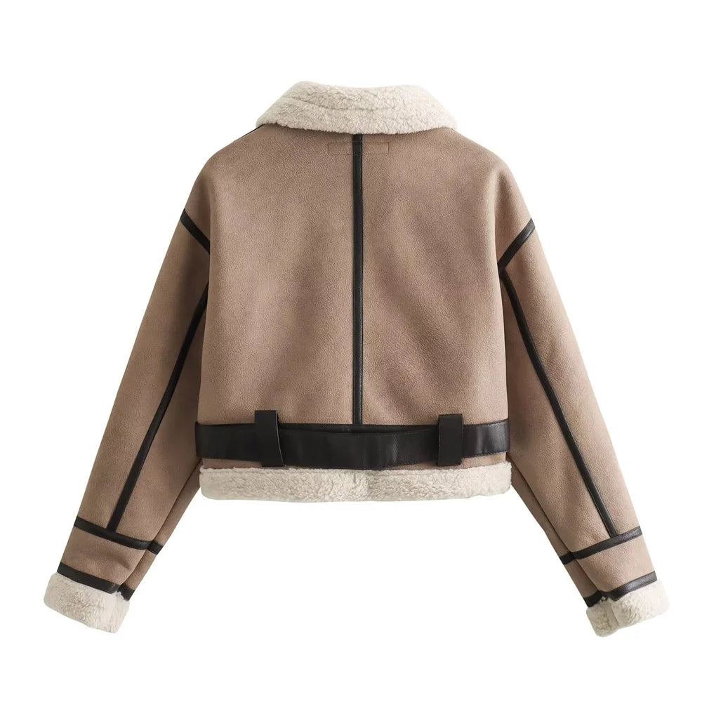 2024 Autumn/Winter New Product Casual Women's Wear Flip Collar Fur Integrated Loose and Versatile Short Jacket Coat 3