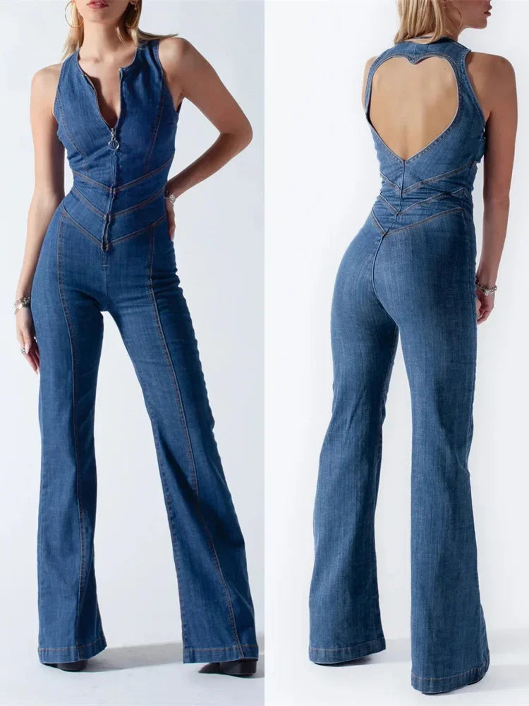 Backless Heart Cutout Denim Jumpsuit - Slim Sleeveless Bodycon One-Piece 4