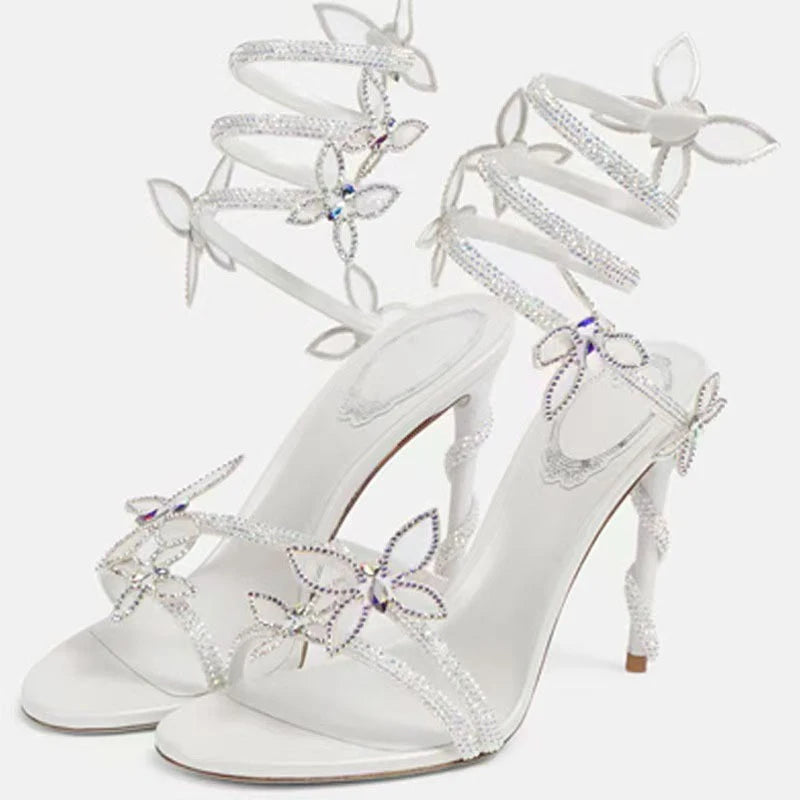 Crystal Flower Ankle Strap Heels