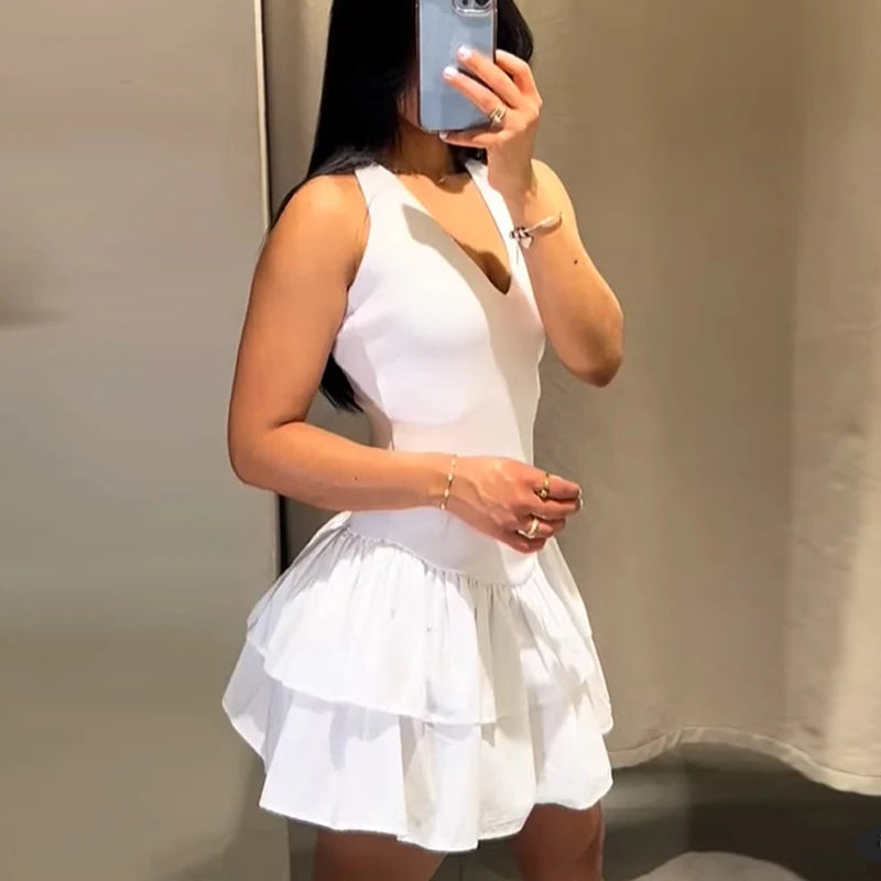 Women's Dresses 2025 Halter Pink Mini Dresses Chic v Neck Layer Ruffles Hem Dress A Line Vestido Summer Ladies Street Party Wear 6