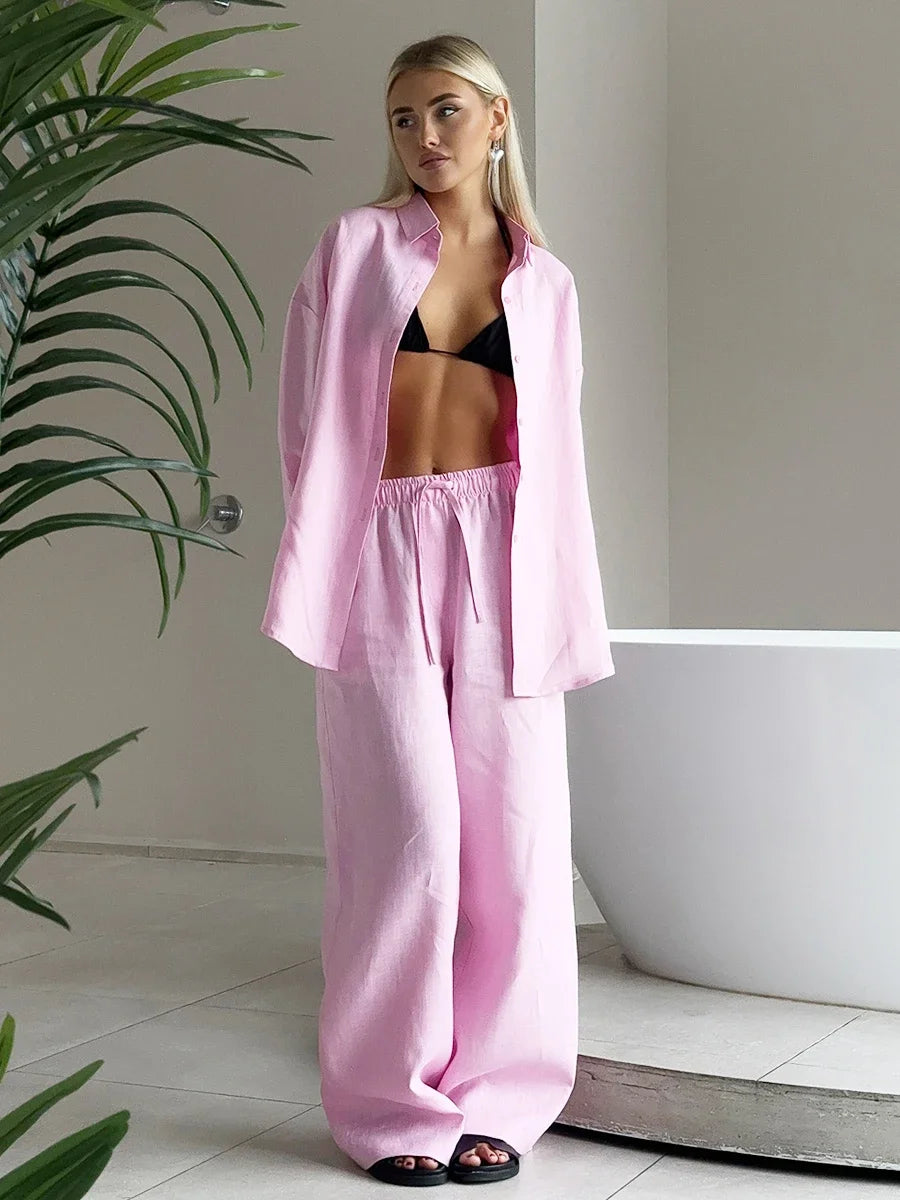 Women's Casual Solid Cotton Linen Pant Sets Chic Laple Single Breasted Long Sleeve Shirt Elasticity Waist Pant New Two Piece Set 6