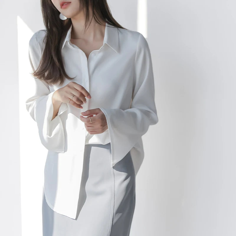 Women Chiffon Blouse Fashion Solid Long Flare Sleeve OL Office Lady Work Top Shirts V-neck White Shirt Elegant Female Clothes 3