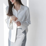Women Chiffon Blouse Fashion Solid Long Flare Sleeve OL Office Lady Work Top Shirts V-neck White Shirt Elegant Female Clothes 3