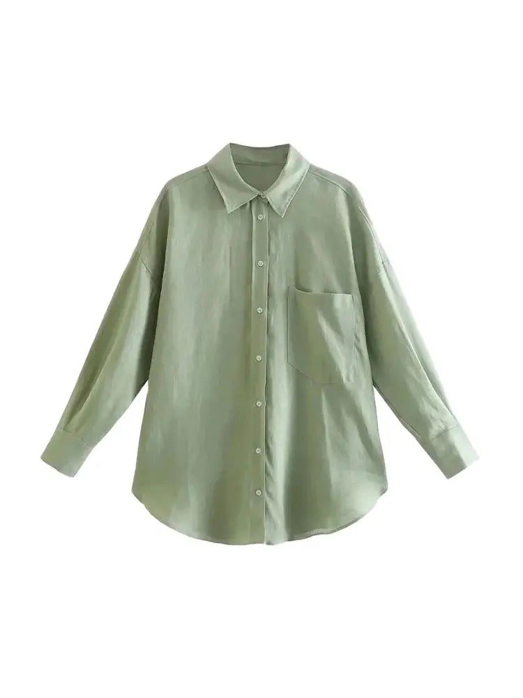 Women Fashion With Pocket Oversized Shirts Vintage Long Sleeve Button-up Female Blouses Blusas Chic Tops 2