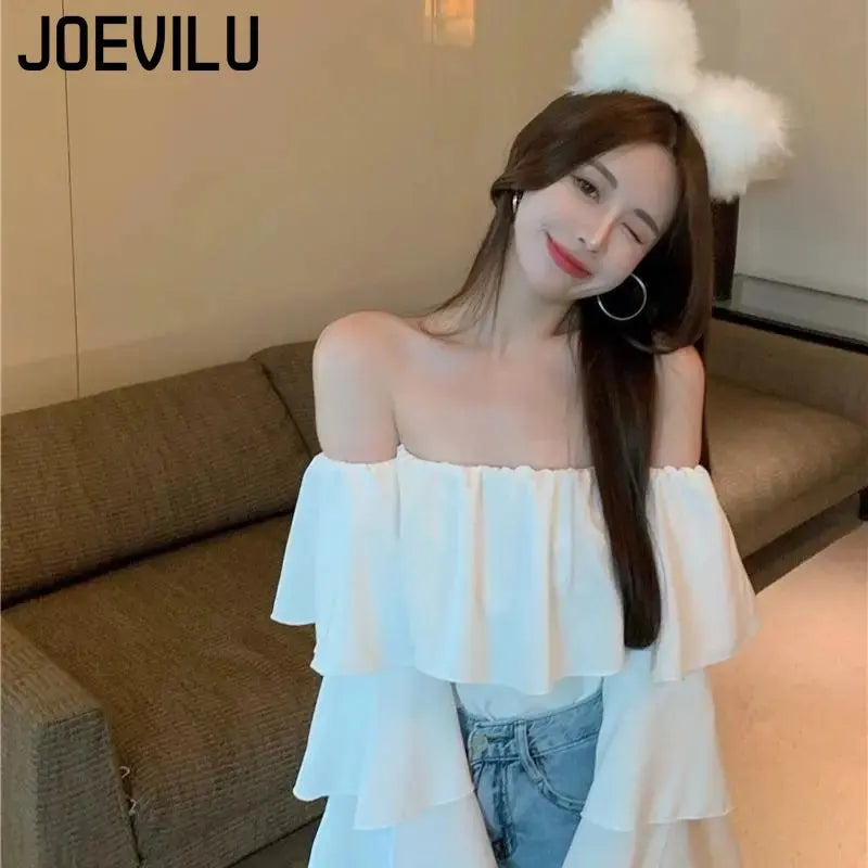 JOEVILU Chiffon Shirt Off Shoulder Ruffle White Blouse Spring and Summer Women's Casual Tops Ladies Korean Style Blusas Crop Top 3