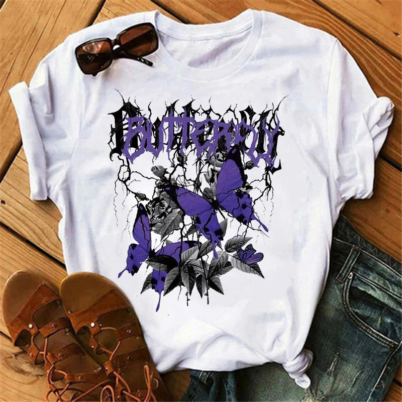 Women's Butterfly Tree Print Harajuku T-Shirt Round Neck Top Short Sleeve Casual Summer Tee Shirt 3