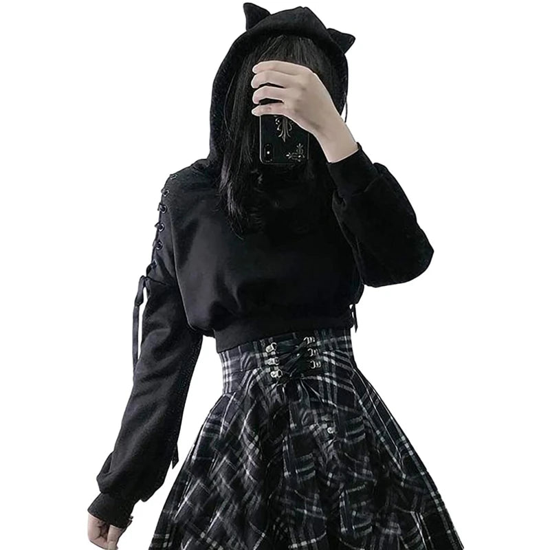 Y2k Gothic Womens Hoodie Cat Ear Crop Top Hooded Sweatshirt Hollow Out Lace Up Long Sleeve Hodded Casual Pullover Autumn 5