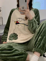 Autumn Winter New Warm Flannel Women's Pajamas Set Long-sleeved Trousers Two-piece Set Cute Soft Home Wear Clothes for Women 4