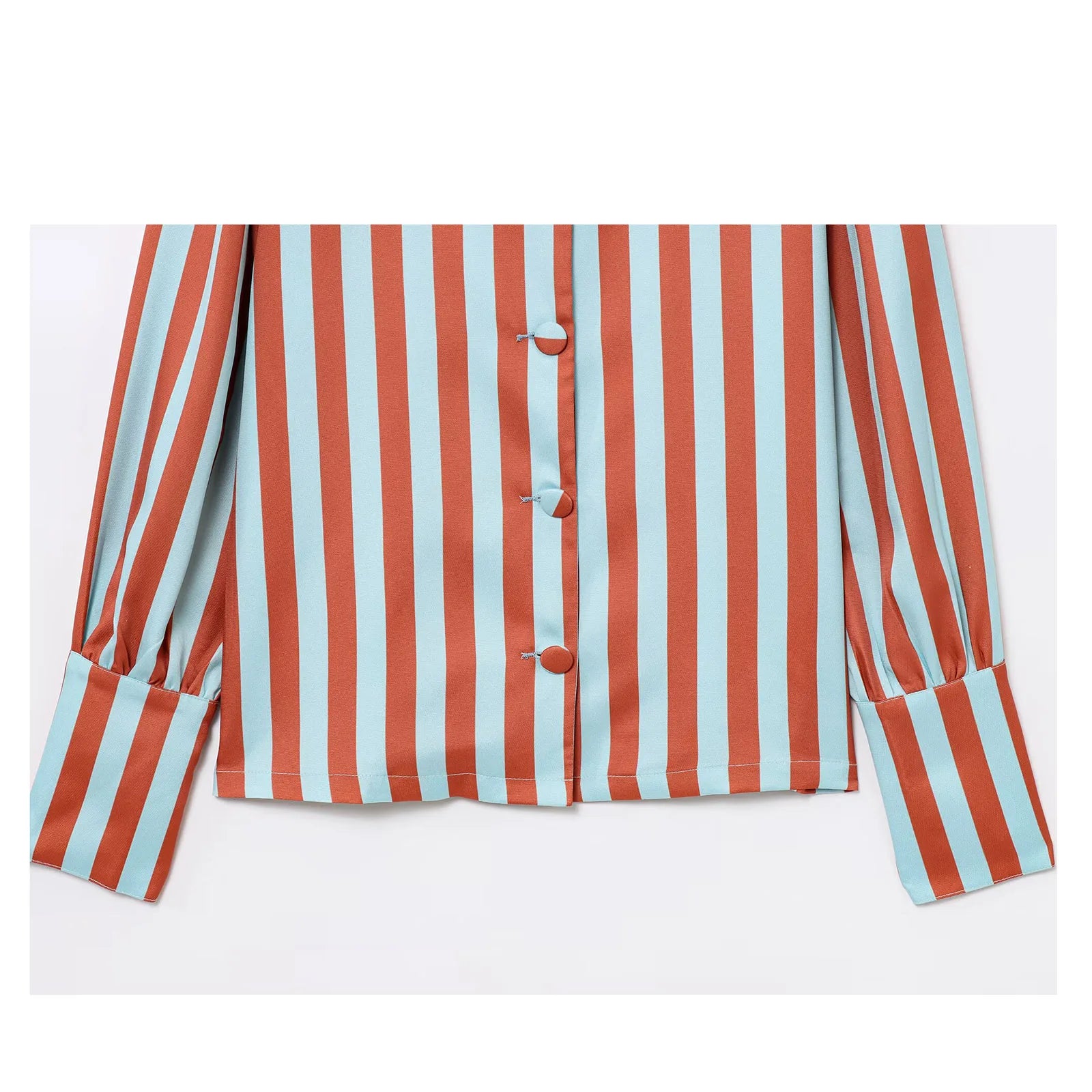 2025 Spring Summer Women's Striped Blouse O-Neck Long Sleeve Bubble Sleeve With Buttons Shirt Fashionable Chic Tops 5