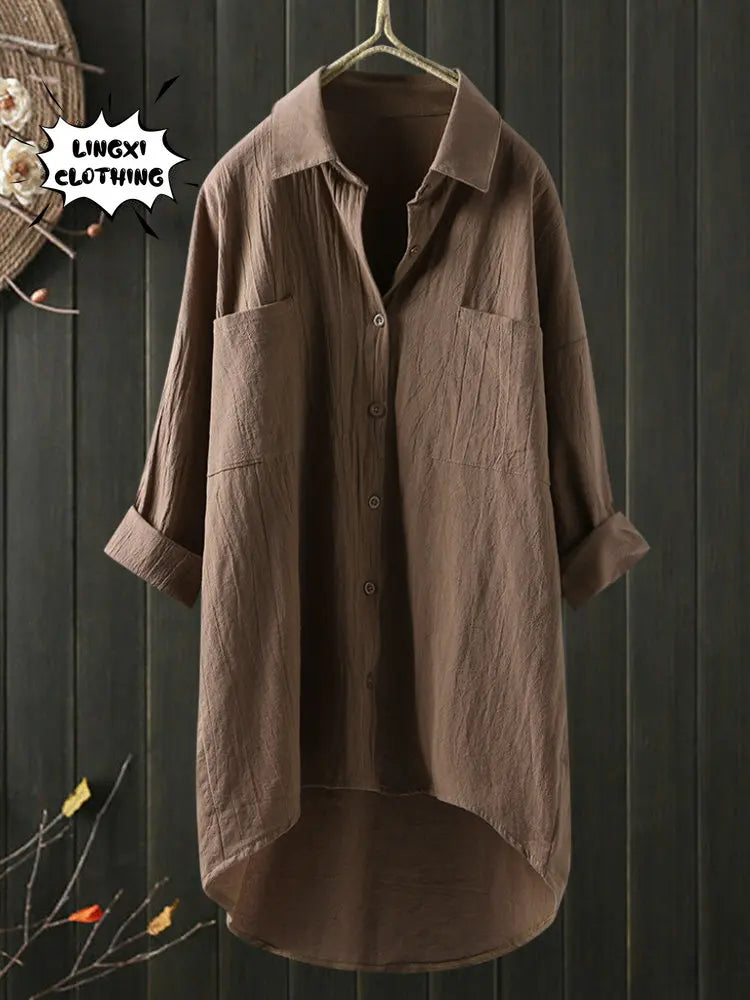 Elegant and Youth Woman Blouses Casual Home Cotton Linen Large Size Single Breasted Commuting Style Long Sleeved Shirt 3