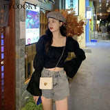 Back Puff Sleeve Shirts Women Autumn French Bow Bandage Blouses 2025 New Black Pink Square Neck Cropped Tops Female 6