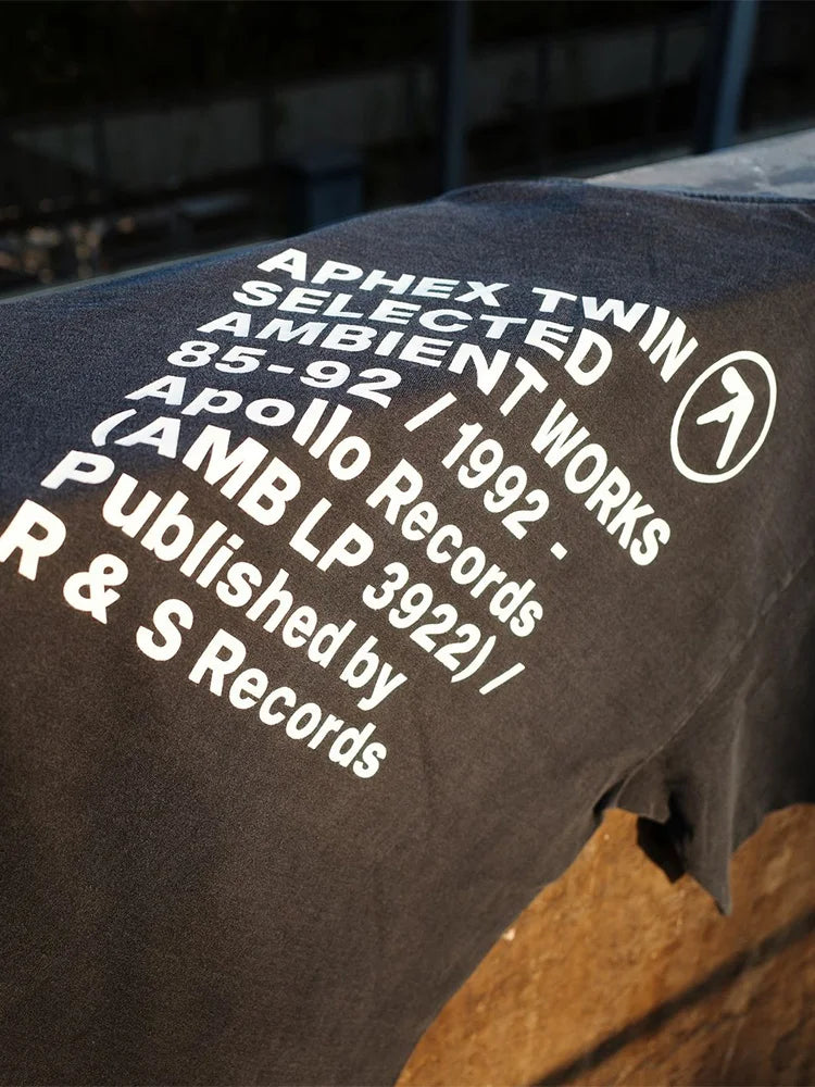 Men T-Shirt Aphex Twin Washed Black Print Cotton Graphic Oversized Korean Fashion Short Sleeve Tops Tees Y2k Streetwear Clothing 3