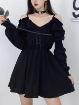 JMPRS Large Size Gothic Women Black Mini Dress Sexy Off Shoulder High Waist Tunic Ladies Party Dress Long Sleeve V Neck Vestidos 3