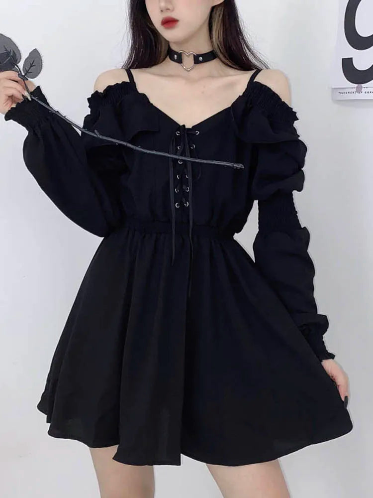 JMPRS Large Size Gothic Women Black Mini Dress Sexy Off Shoulder High Waist Tunic Ladies Party Dress Long Sleeve V Neck Vestidos 3