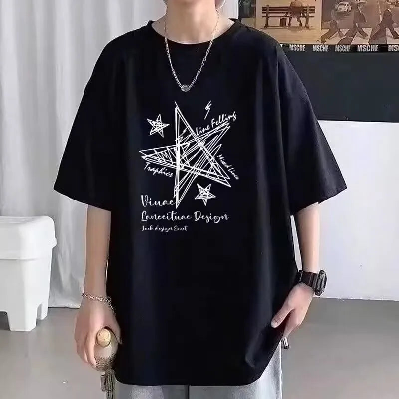 【 M-8XL 】 Summer limited edition men's oversized T-shirt Line stars printed T-shirt suitable for both men and women 2