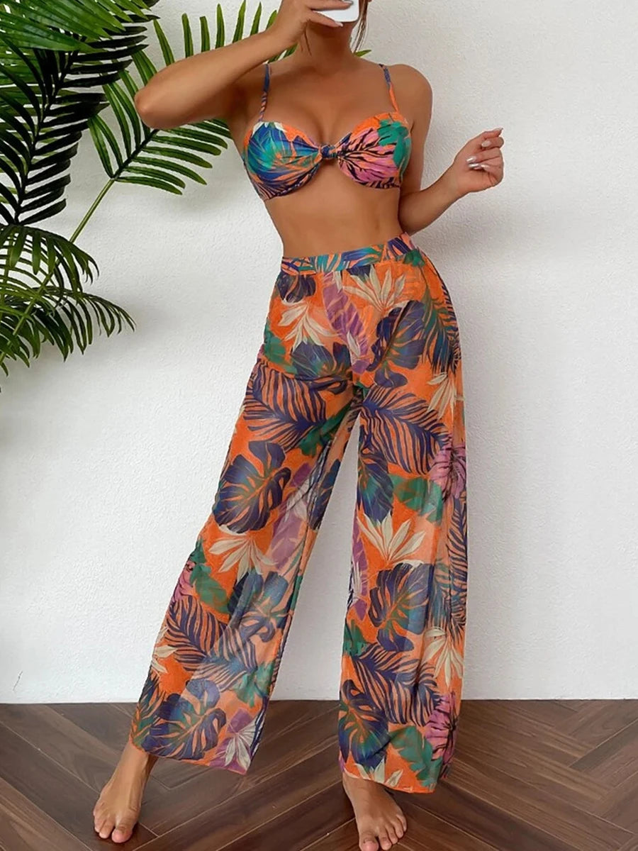 2024 Women's Print Three-Piece Bikini with Long Pants Swimsuit