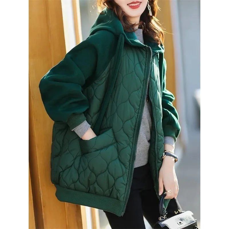Light Down Cotton Solid Women Cotton Clothes 2025 Winter New Version Temperament  Jacket Hooded Loose Women Tops 2