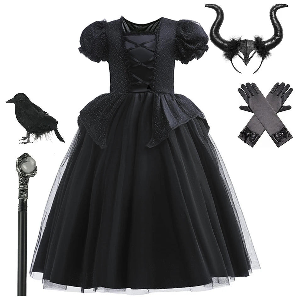 Girls' Dark Forest Queen Cosplay Dress with Wings