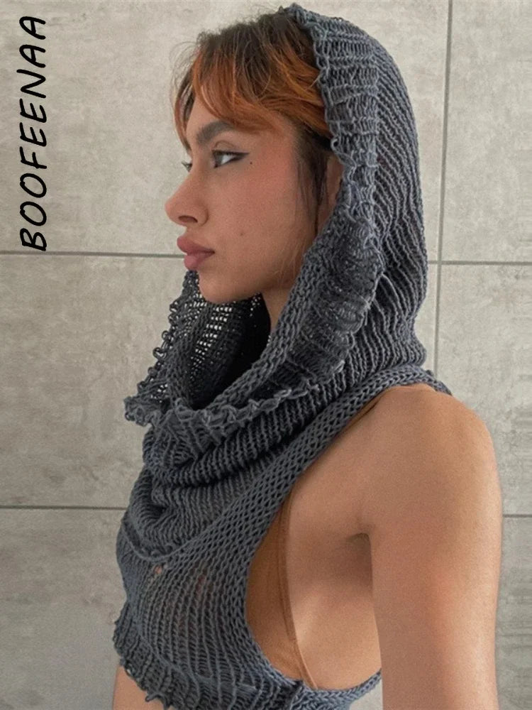 BOOFEENAA Hooded Sleeveless Knitted Sweater Vest Streetwear Fashion Sexy Y2k Crop Top Autumn Clothes Women 2023 C71-CE17 2