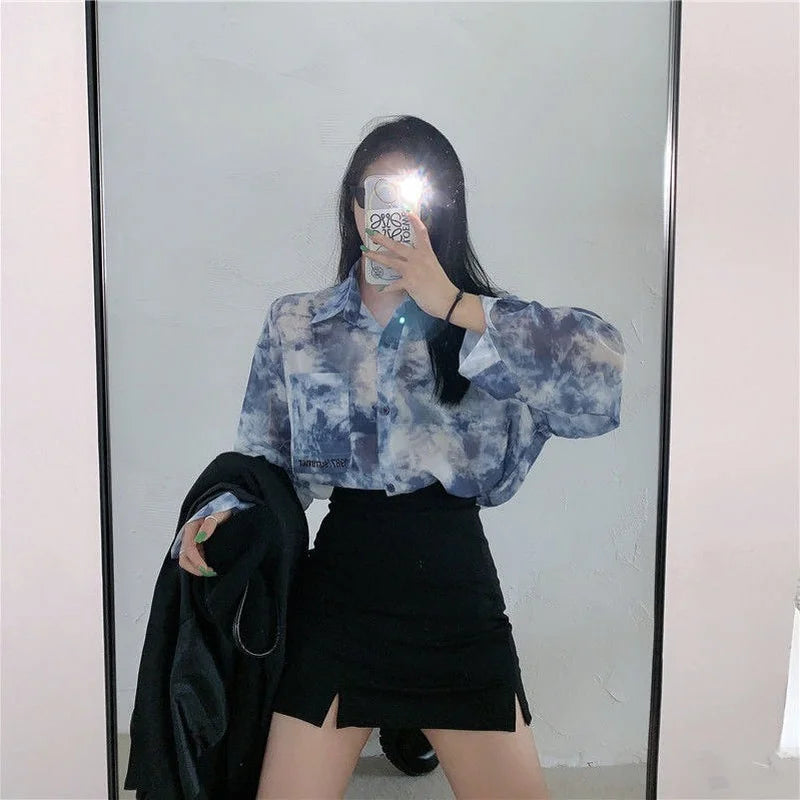 Shirts Women Fashion Tie Dye Harajuku Gothic Top New Korean Loose Casual Clothes Sun-proof Embroidery All-match Summer Holiday 3