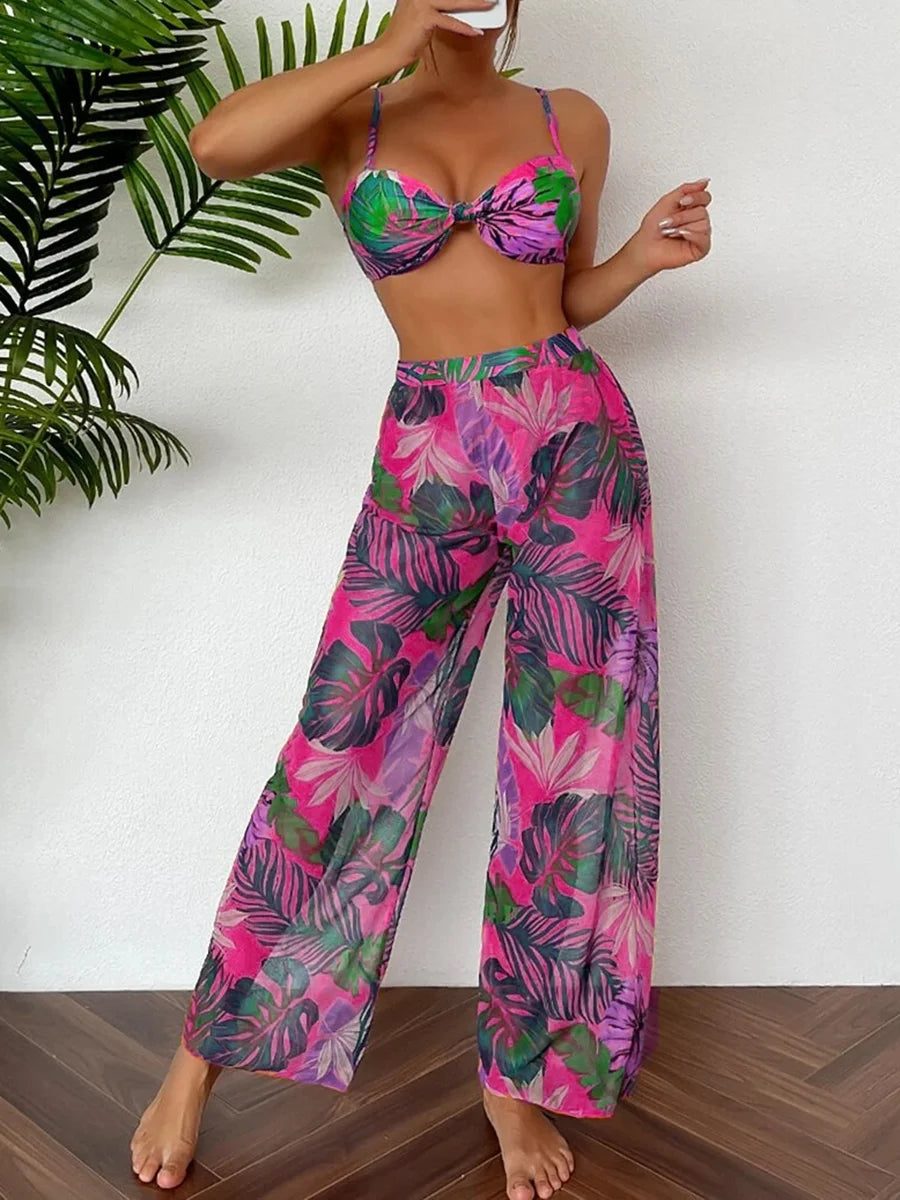 2024 Women's Print Three-Piece Bikini with Long Pants Swimsuit 3