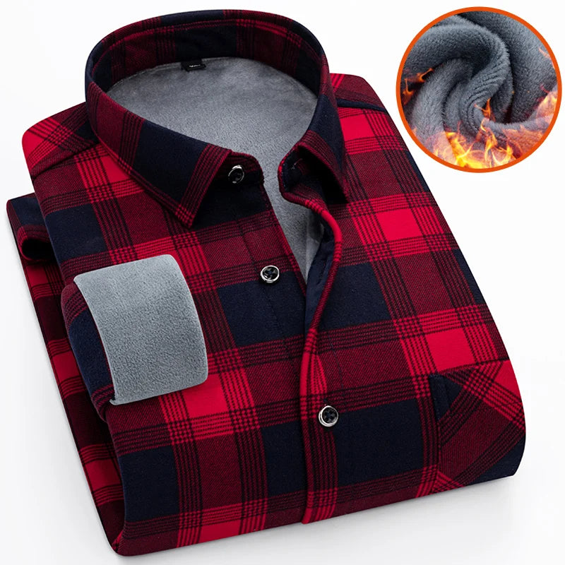 Men's Autumn Winter Thick Fleece Plaid Shirt - Warm Long Sleeve Business Casual 4