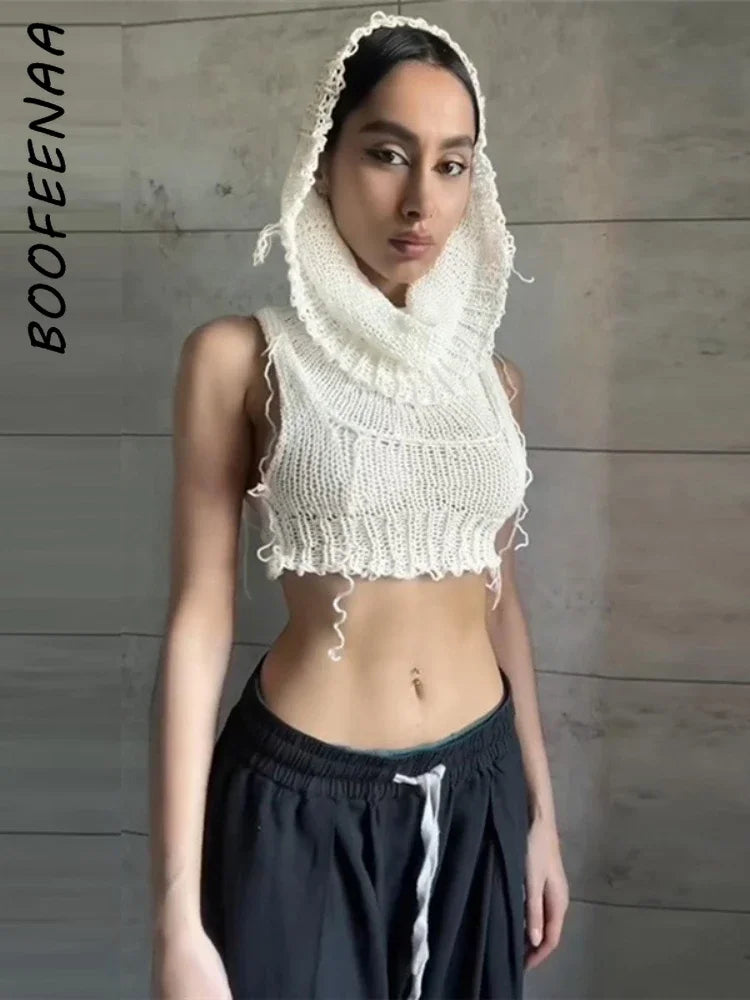 BOOFEENAA Hooded Sleeveless Knitted Sweater Vest Streetwear Fashion Sexy Y2k Crop Top Autumn Clothes Women 2023 C71-CE17 3