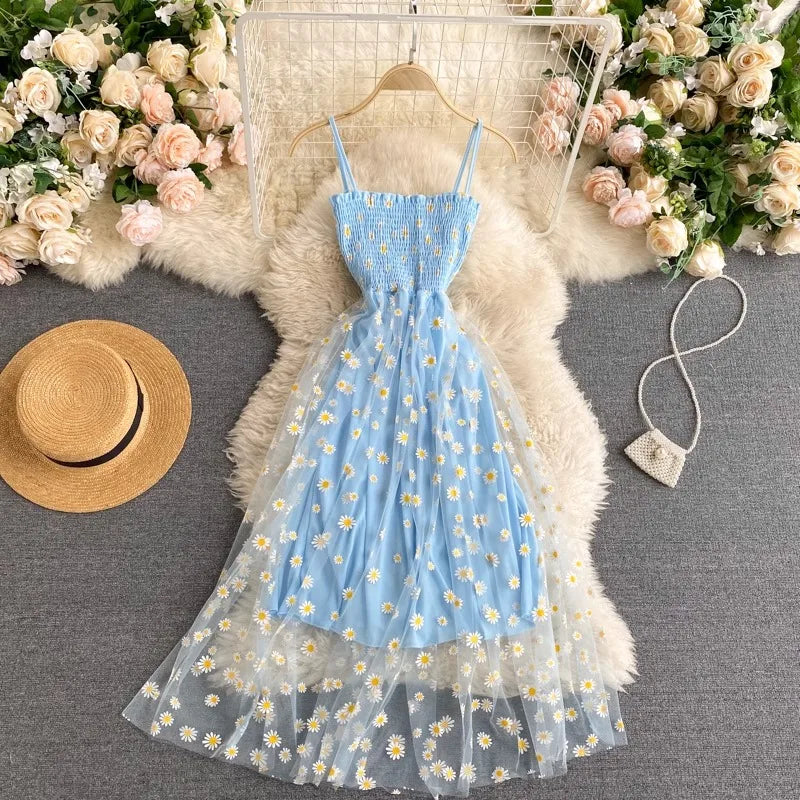 YuooMuoo-Women-Dress-2025-New-Korean-Fashion-Floral-Print-Spaghetti-Straps-Mesh-Party-Dress-Vacation-Style