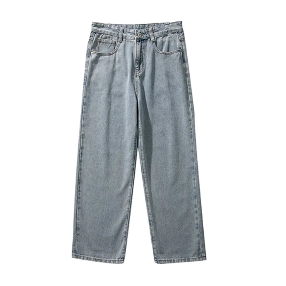 Korean Solid Colors Men's Casual Long Jeans Classic Man Four Seasons Straight Denim Wide-leg Pants Light Blue Grey Black 3XL 6