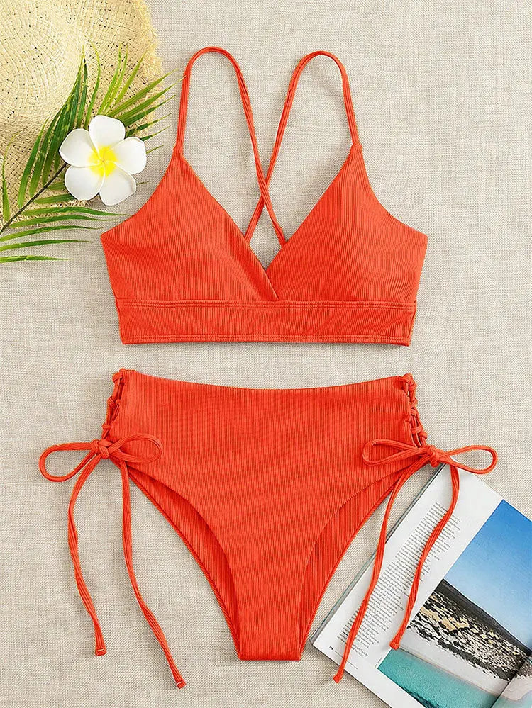 Cikini-V-Neck Split Bikini Set for Women, Sexy Swimsuit, Lace Up, Triangular Bikinis, Solid Color, Beach Swimwear, Bathing Suit 5