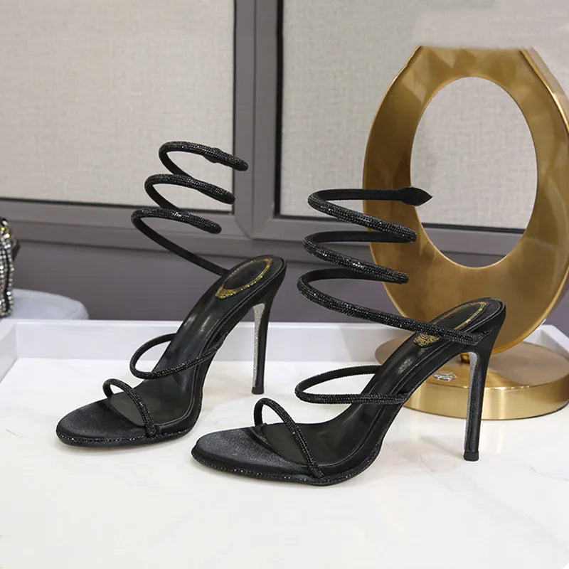 Elegant Snake Twine Around Crystal High Heel Sandals | Women Summer Fashion