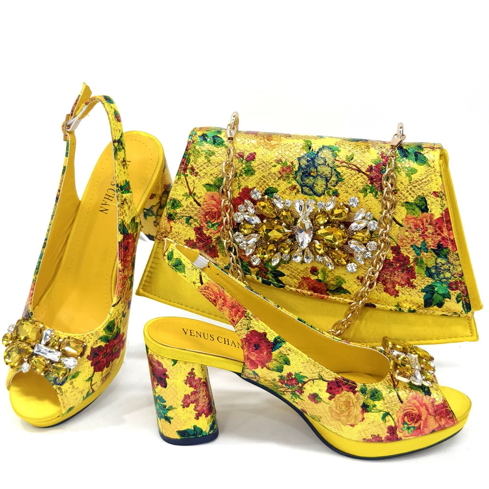 Italian Gold Block Heel & Matching Bag Set