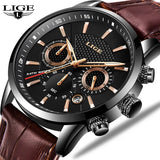 LIGE Mens Watches Luxury Waterproof Military Sport Man Watch Chronograph Genuine Leather Men Quartz Wristwatch Relogio Masculino