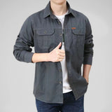 Men's 100% Cotton Multi-Pocket Cargo Shirt - Solid Color, Long Sleeve 4