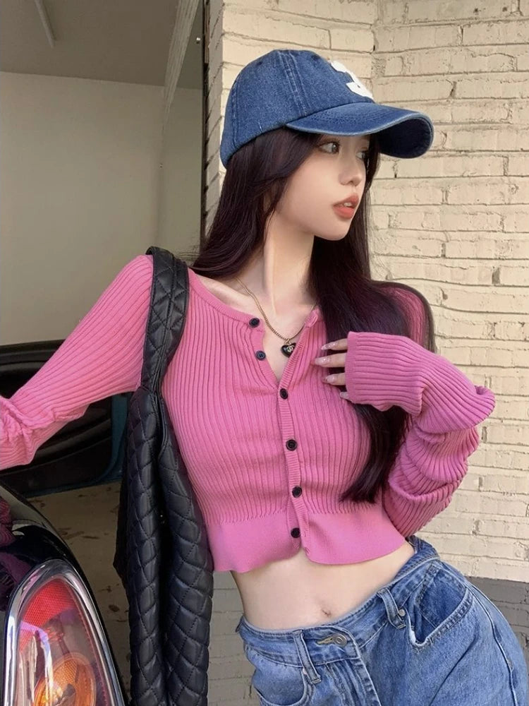 Pink Slim Cardigan Women Cropped Sweaters Autumn Long Sleeve Knitwear Harajuku Stylish for Ladies Y2k Clothes Sexy Cute Retro 2