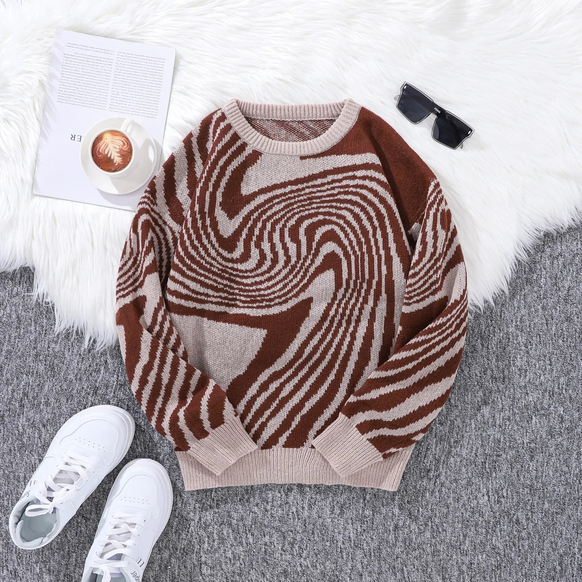 New-Popular-Autumn-and-Winter-Maze-Jacquard-Pattern-Pullover-Sweater-Casual-Round-Neck-Contrast-Color-Knitted
