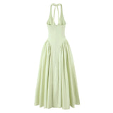 YENKYE Sexy Backless Green Elegant Halter Dress For Women Low Waist A-line Midi Summer Evening Party Dresses Cotton Robe 3