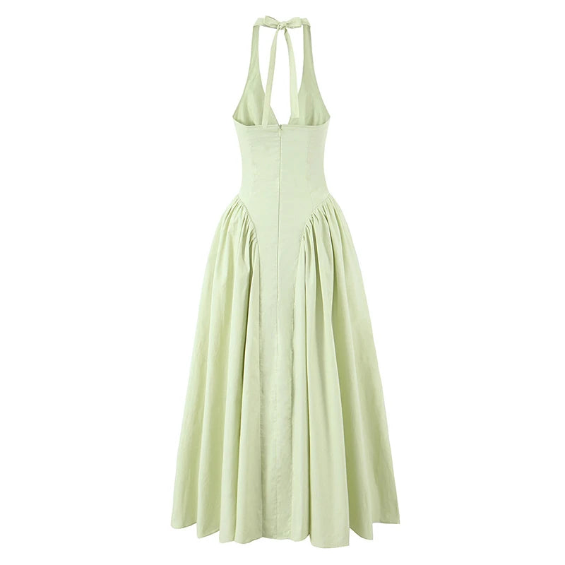 YENKYE Sexy Backless Green Elegant Halter Dress For Women Low Waist A-line Midi Summer Evening Party Dresses Cotton Robe 3