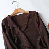 YENKYE Spring 2025 Women Brown Long Sleeve V Neck Ruffle Shirt Office Casual Blouse Blusas Mujer 4