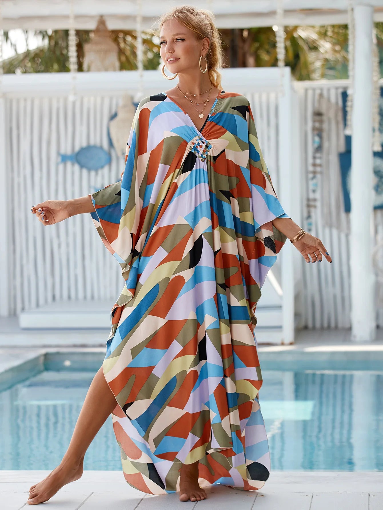 Loose Floral Pleated Kaftan Dresses for Women Wave Neck Swimsuit Cover Up Caftan