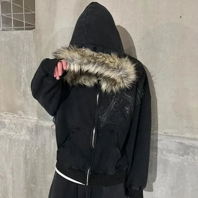 Y2k Street vintage warm cardigan loose hoodie men winter fashion fur collar hat hoodie Street skull print zipper sweatshirt