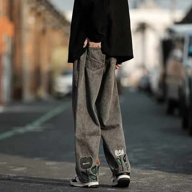 Men's Y2K Flower Printed Baggy Jeans | 2025 Streetwear Wide-Leg Denim Trousers 5