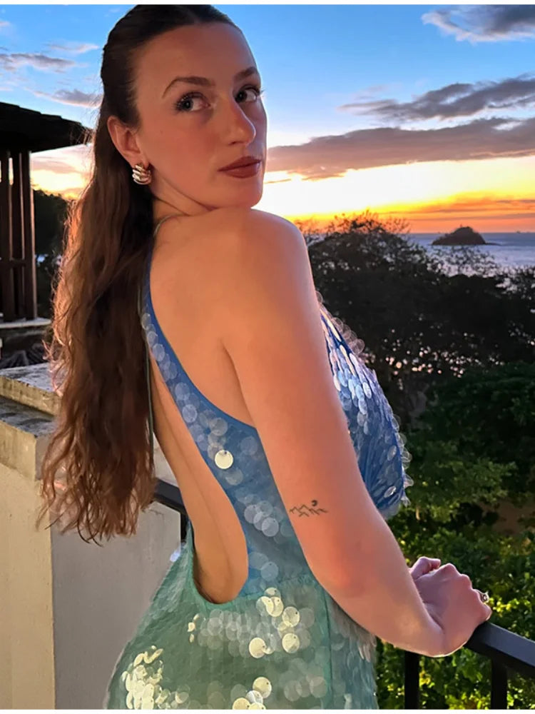 Fashion Sequins Backless Patchwork Halter Mini Dress For Women Backless Sleeveless Party Dress Summer Street Glitter Vestidos 6