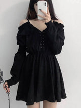 JMPRS Large Size Gothic Women Black Mini Dress Sexy Off Shoulder High Waist Tunic Ladies Party Dress Long Sleeve V Neck Vestidos 2