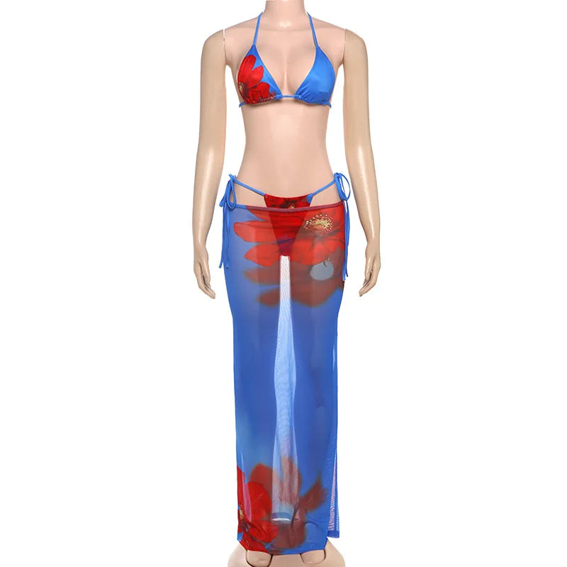 Women Bikinis Sets with Flower Print Mesh Maxi Skirt 3 Piece Set Vacation Outfits 2025 Swimming Suit Beachwear Summer 6