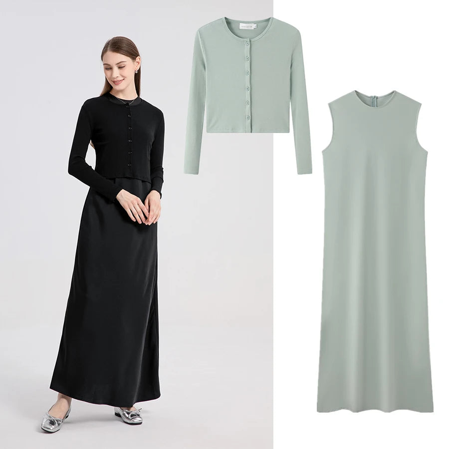 woman clothing high Stretch ribbing closed-fit wrap tops + Matte Satin dress Maxi matching sets 5